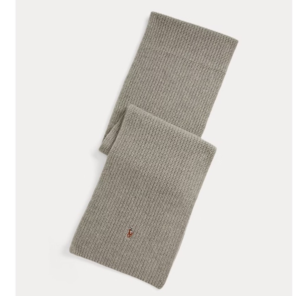Polo Ralph Lauren Mens Grey Ribbed Wool Blend Scarf Embroidered Pony Logo NWT‎